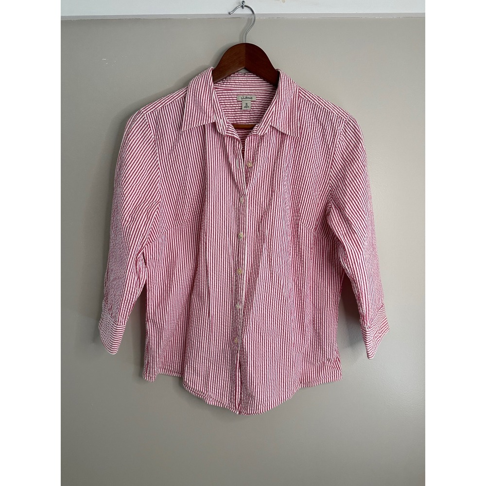 LL Bean Seersucker Shirt Womens Medium Red White Striped EUC 3/4 Sleeve Cotton